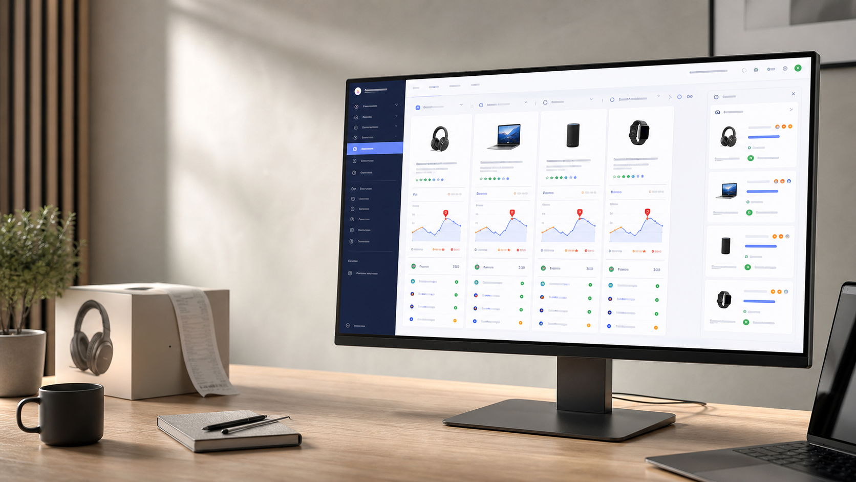 A professional shopping intelligence dashboard with price charts and product comparison panels.